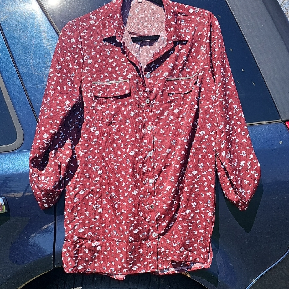 Red Floral Button-Up Blouse